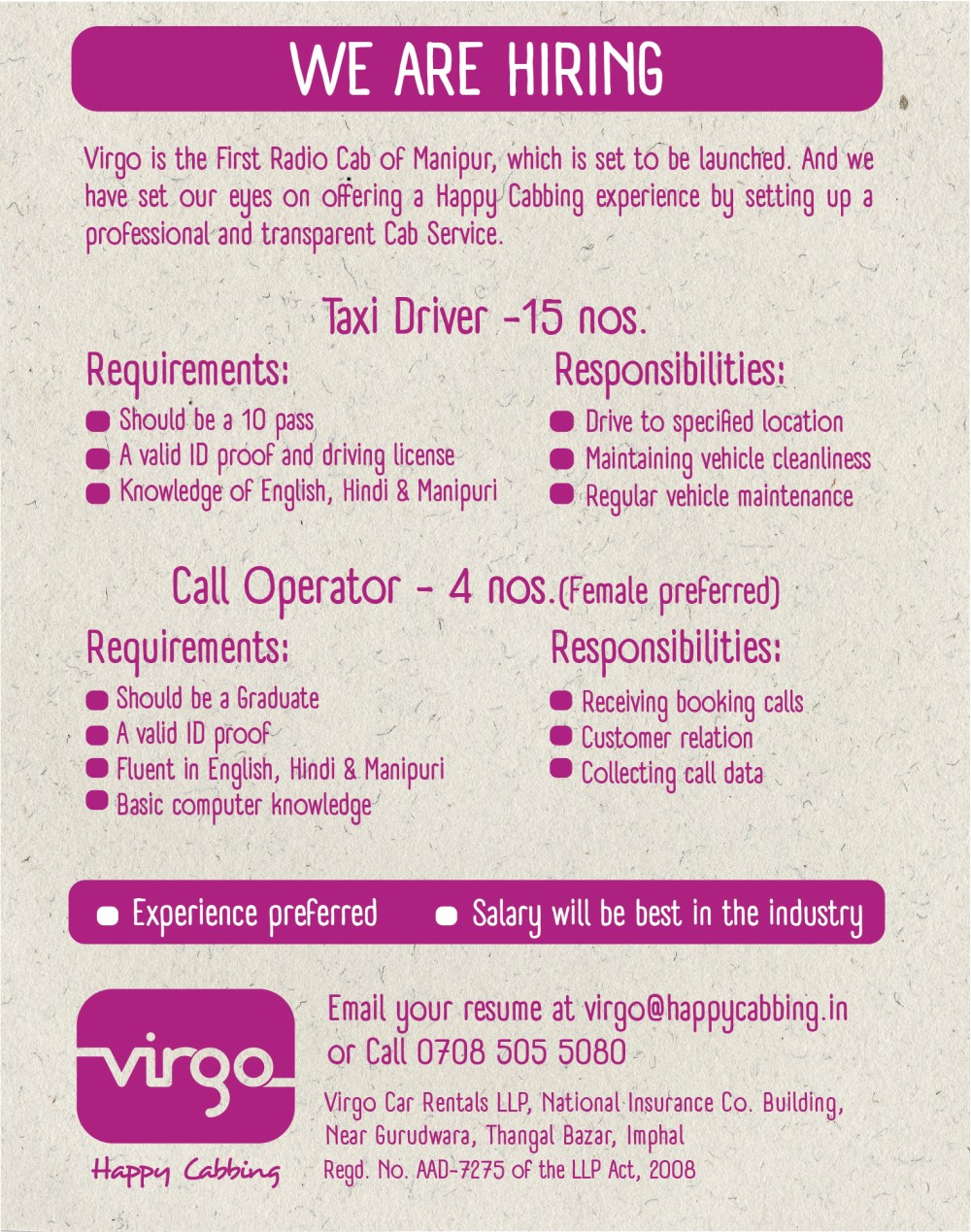 Taxi Drivers and Call Operator required at Virgo Cabs, Imphal
