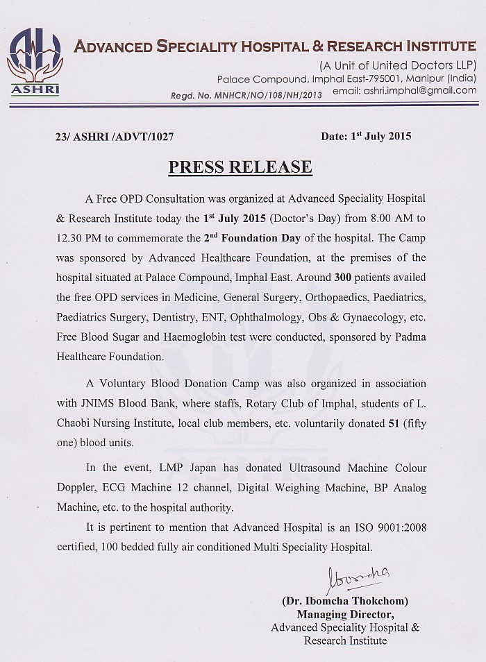  Free OPD Consultation, Voluntary Blood Donation Camp at ASHRI, Imphal