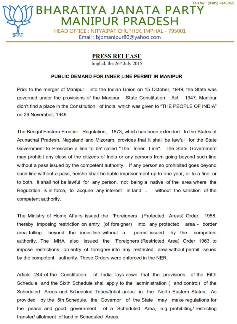 Press Release from BJP Manipur regarding ILP issue in Manipur