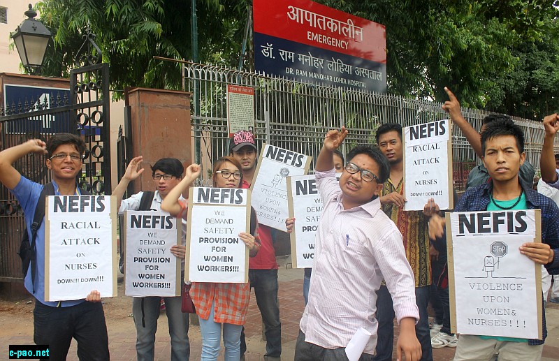  NEFIS activists protest outside RML Hospital against assault on a Manipuri nurse during night duty 