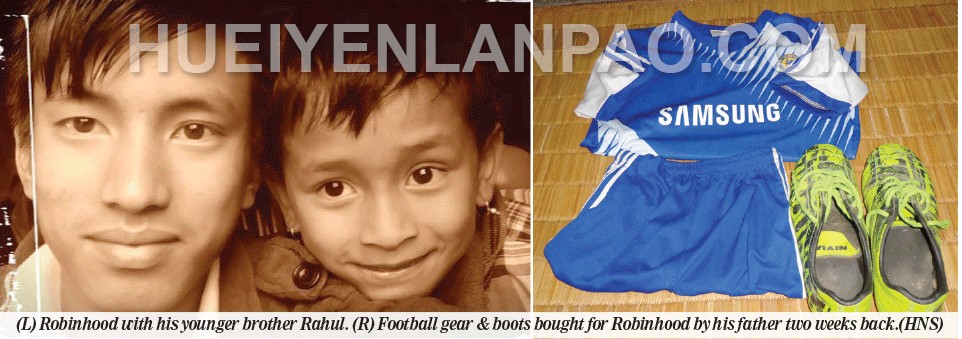 (L) Robinhood Sapam with his younger brother, Rahul : (R) Football gear & boots bought for Robinhood by his father two weeks back