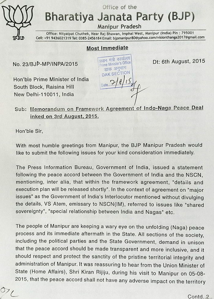 BJP Manipur Memorandum to PM on Indo-Naga Peace Talkon Indo-Naga Peace Talk