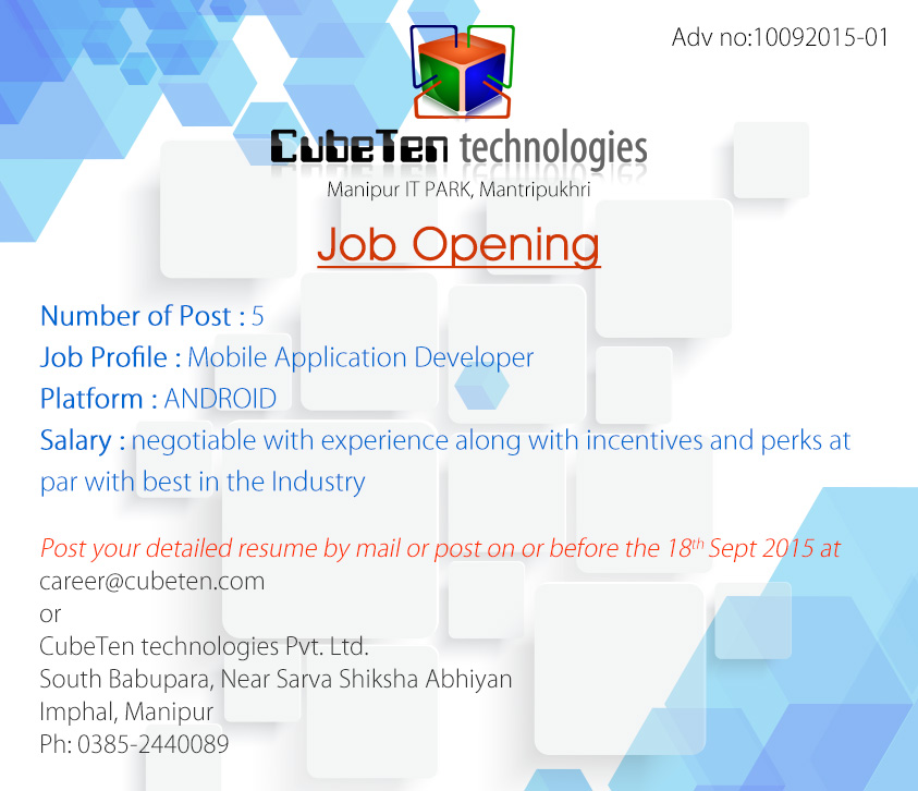 Job openings at CubeTen Technologies, Imphal