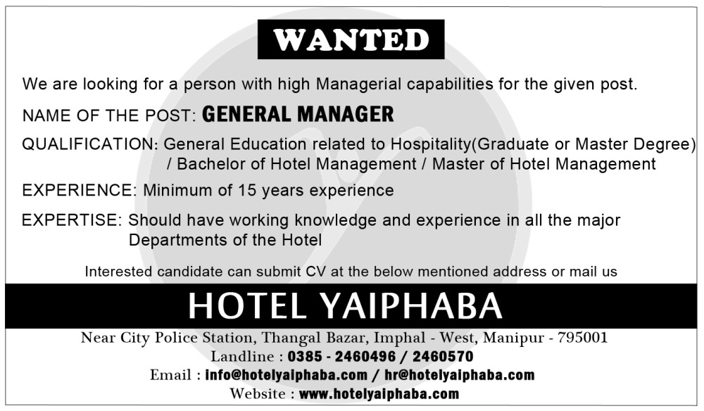 General Manager wanted at Hotel Yaiphaba 
