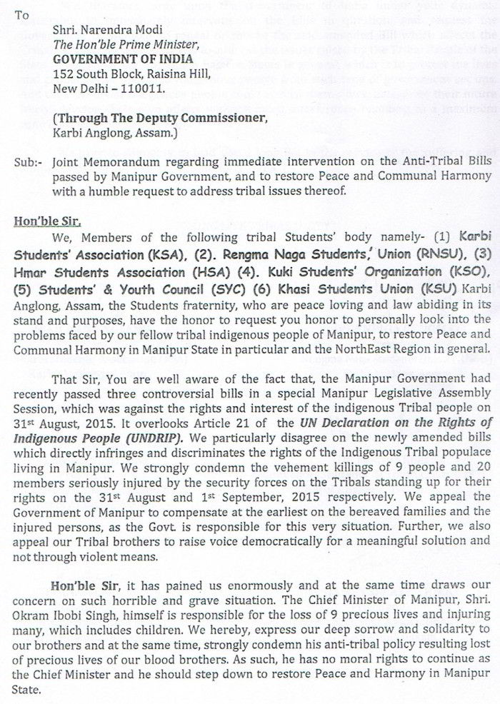 Memorandum Submitted to Shri Narendra Modi on Manipur issue