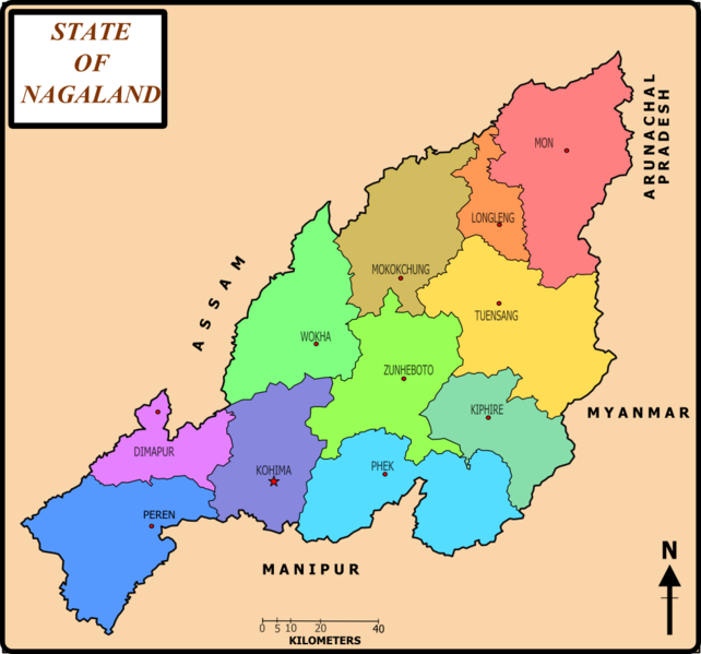 Map of State of Nagaland, India with districts and their HQ