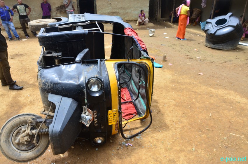 Autorickshaw destroyed by mob of Tangkhul Thawai villages at Gwaltabi