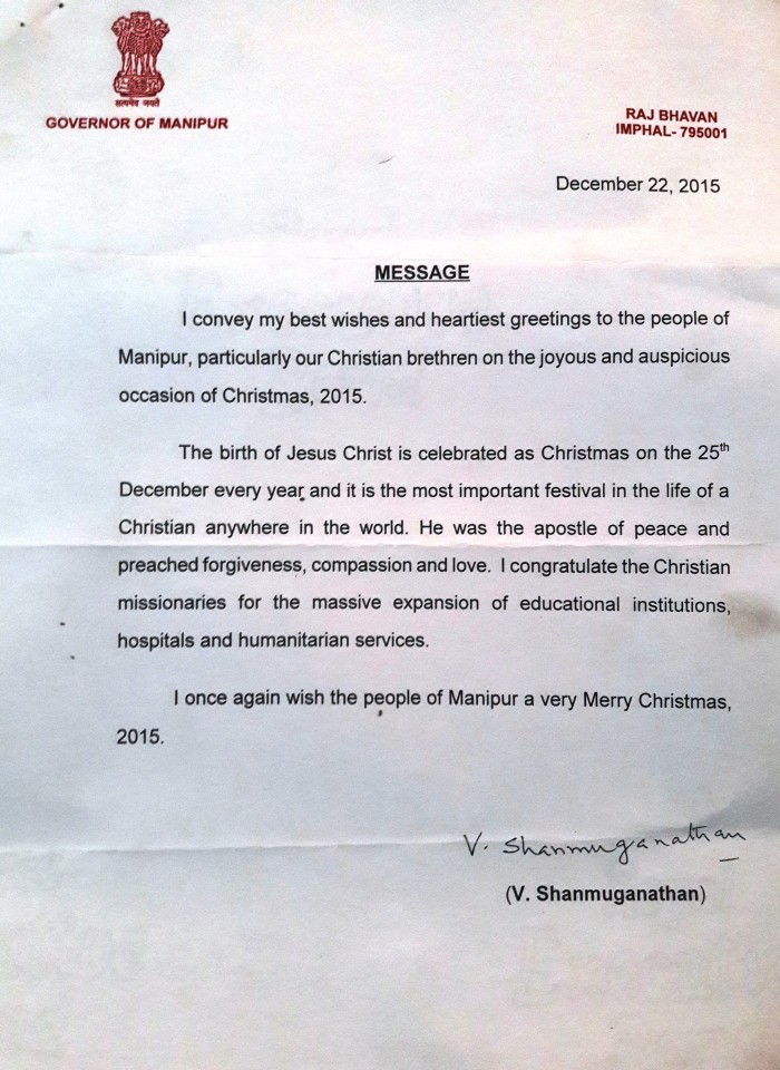 V. Shanmuganathan : Governor's Christmas Message