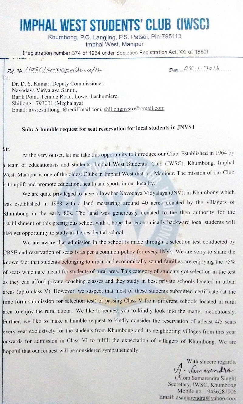  Memorandum submitted to Navodaya Vidyalaya Samiti 