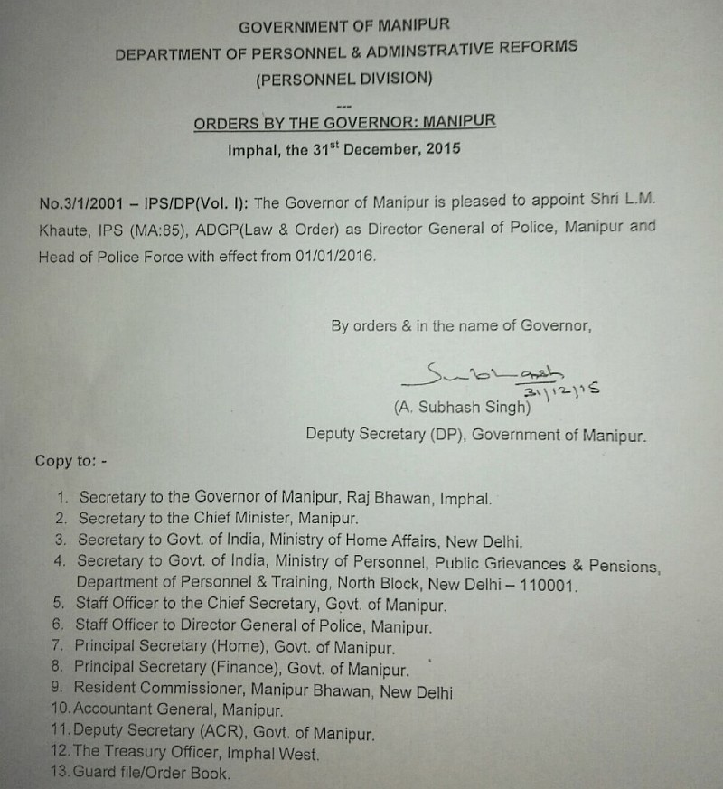 LM Khaute appointed Director General of Police, Manipur and Head of Police Force 