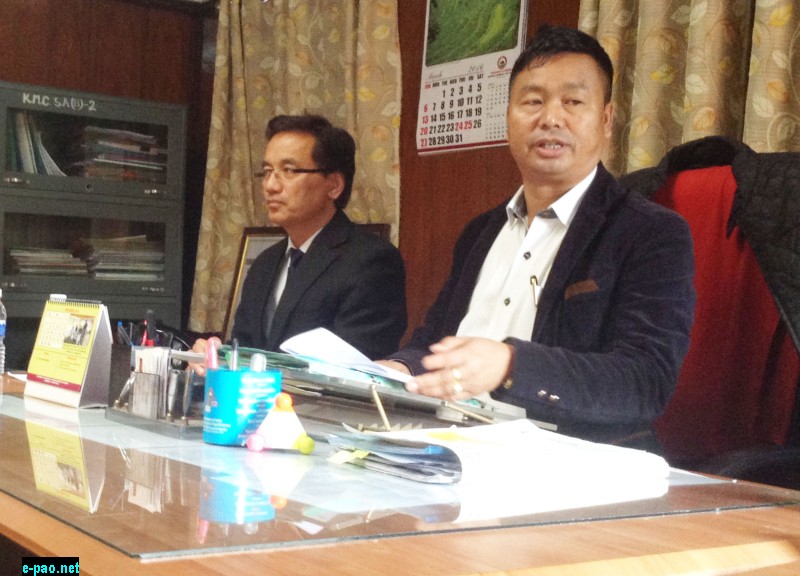 R Tohanba, Parliamentary Secretary for Municipal Affairs addressing a Press Conference held at Kohima Municipal Council Office today. State Secretary Commissioner of Municipal Affairs, Dr. Maongwati Aier IAS (right), seen attending the Press Conference
