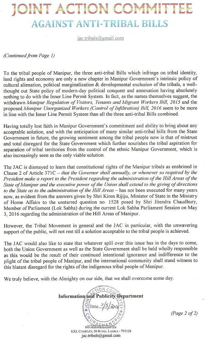 JAC against 'anti-tribal' Bills Statement : May 7 2016