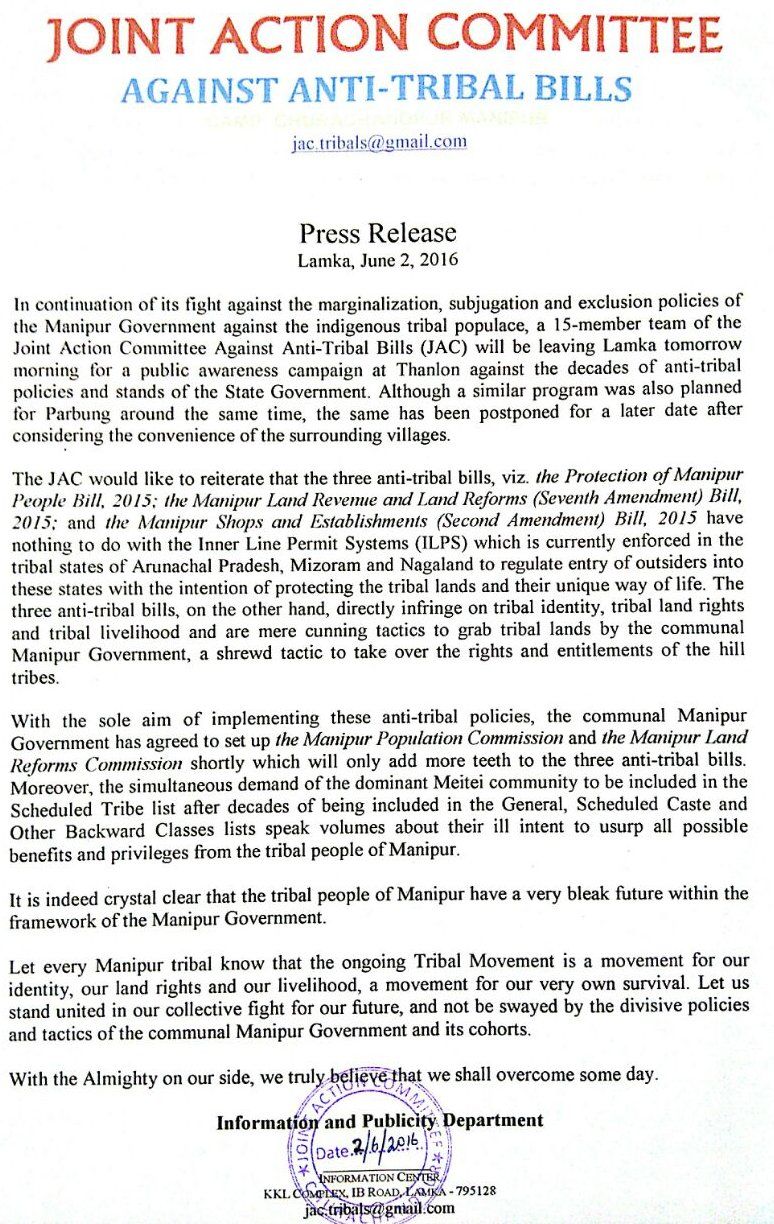 JAC against 'anti-tribal' Bills Statement : June 2 2016