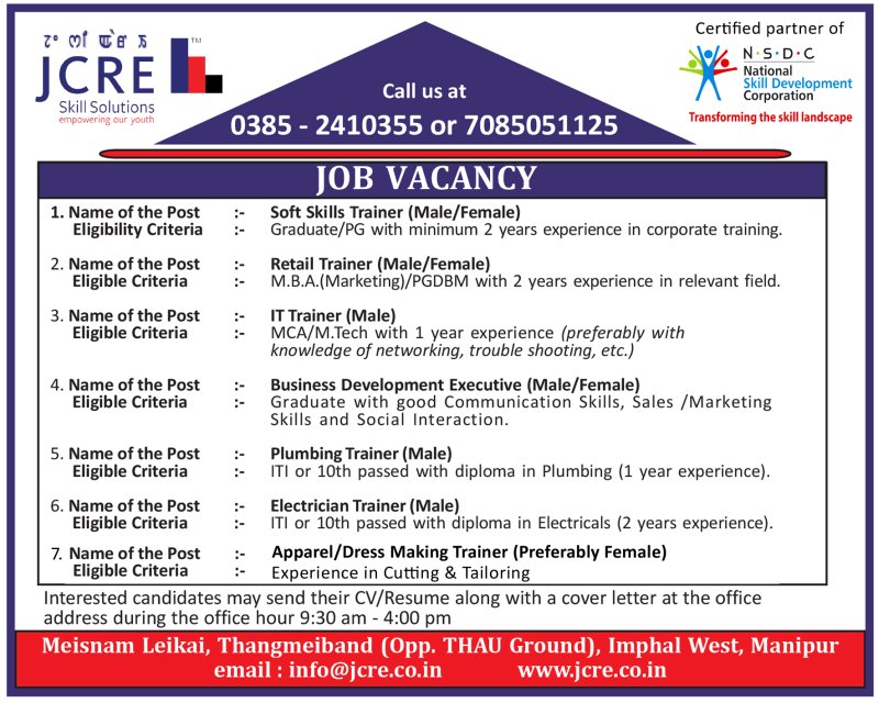 Job Vacancy at  JCRE Skill Solutions , Imphal