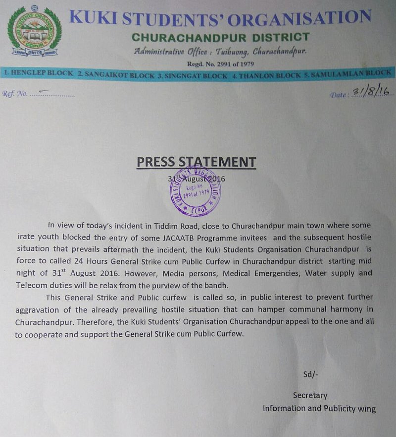 24 hour general strike at Churachandpur district