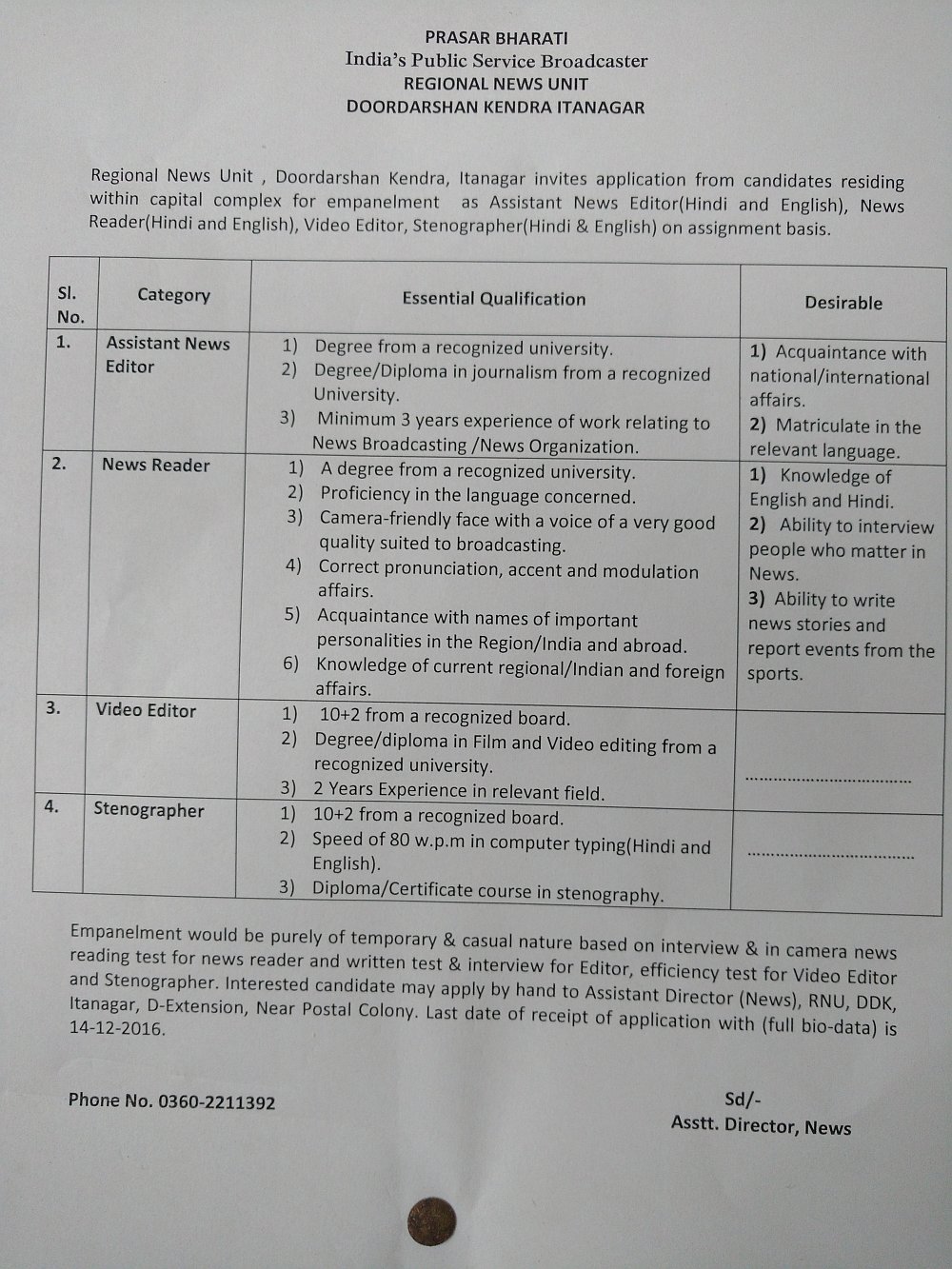 Jobs requirement at Doordarshan Kendra, Itanagar