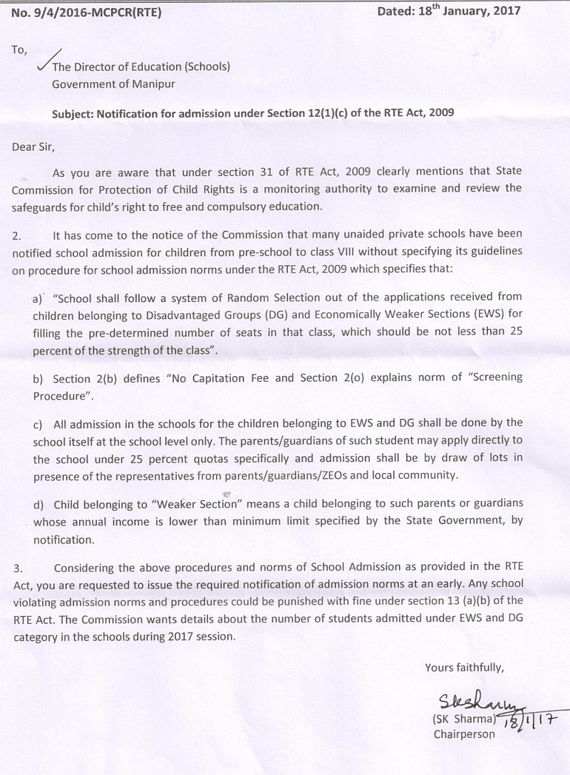 Commission  directed Director of Education(S) to notify admission norms