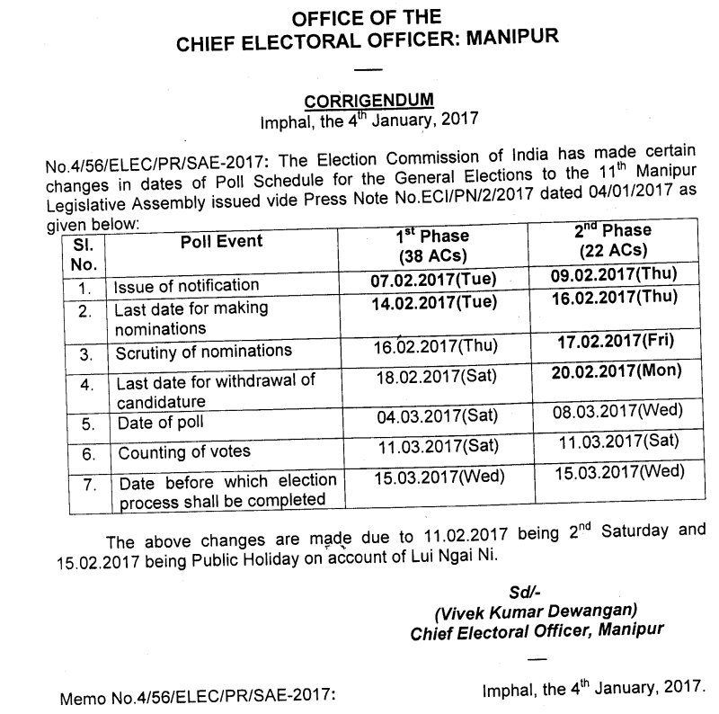 11th Manipur Legislative Assembly Election : Poll Schedule 