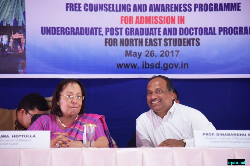Dr Najma Heptulla, Honble Governor of Manipur and Prof Dinabandhu Sahoo, Director IBSD addressing the audience at the  Free Awareness and Counselling Program for admissions to Undergraduate , Postgraduate and Doctoral Program for North East students organized by IBSD