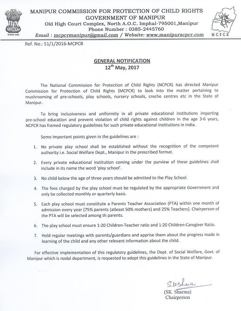 General notification on guidelines of play schools 