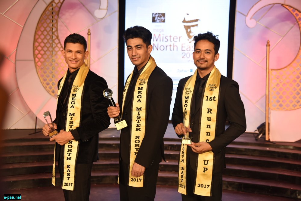  (L-R) 2nd runner-up Soman Chetry, winner Suman Ningthoujam and 1st runner-up Babul Koch during 8th FAL Men Mega Mister North East 