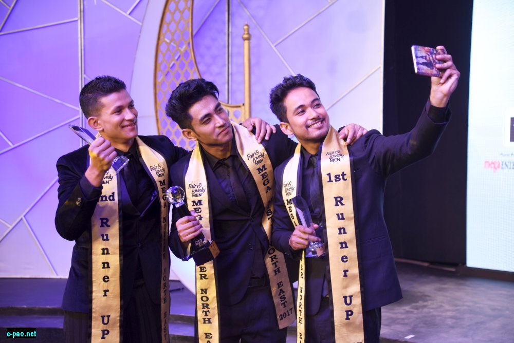  (R-L) Babul Koch, Suman Ningthoujam and Soman Chetry take a selfie after winning 8th Fair & Lovely Men Mega Mister North East 