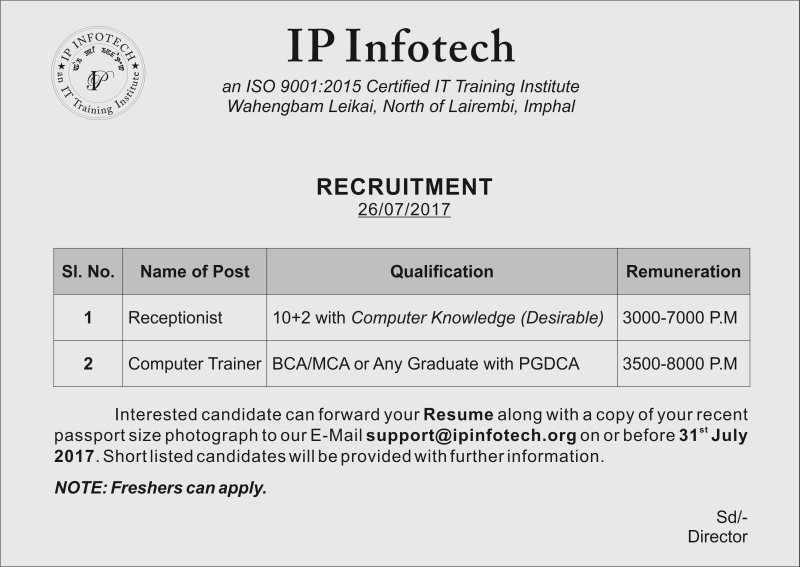 Recruitment at IP Infotech, Wahengbam Leikai