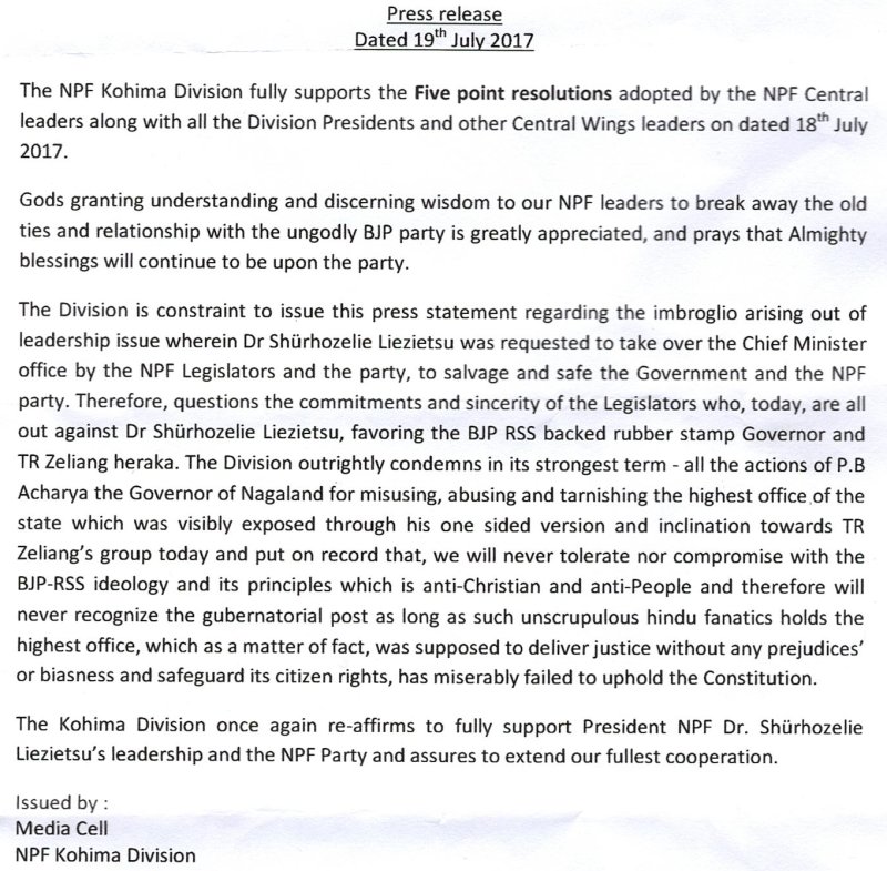 Statement from NPF Kohima on BJP