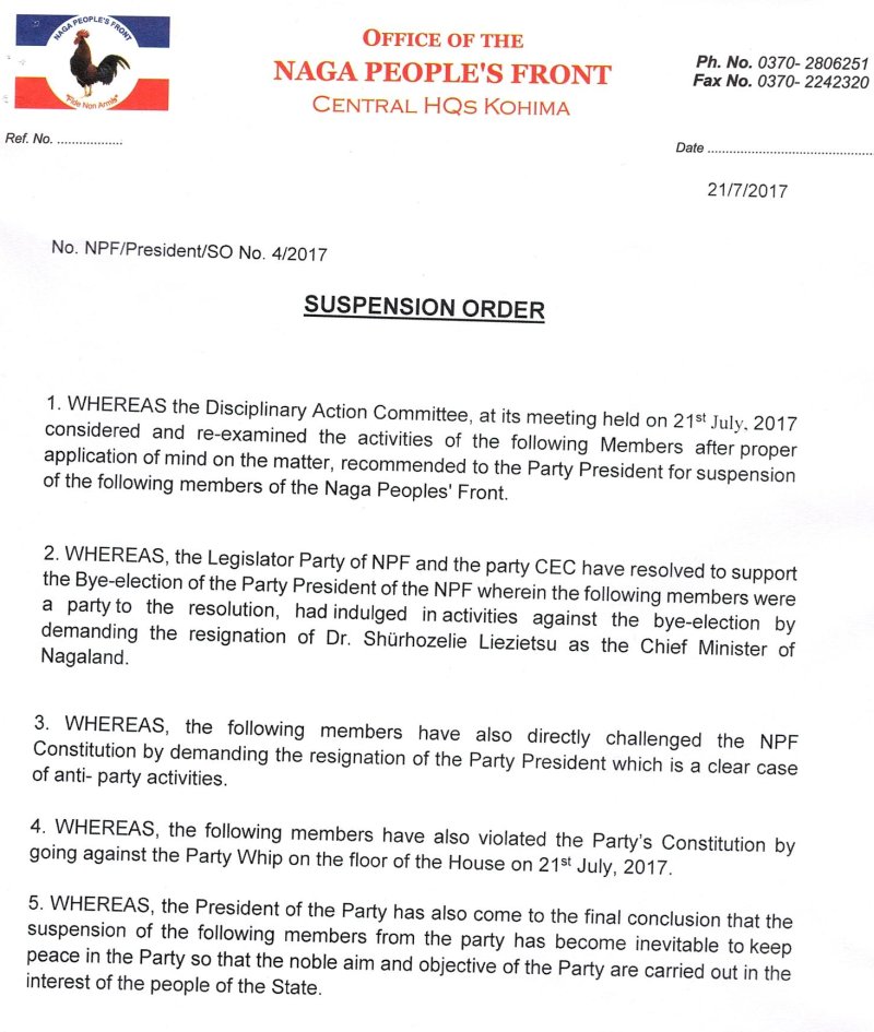 Expulsion and Suspension order from NPF