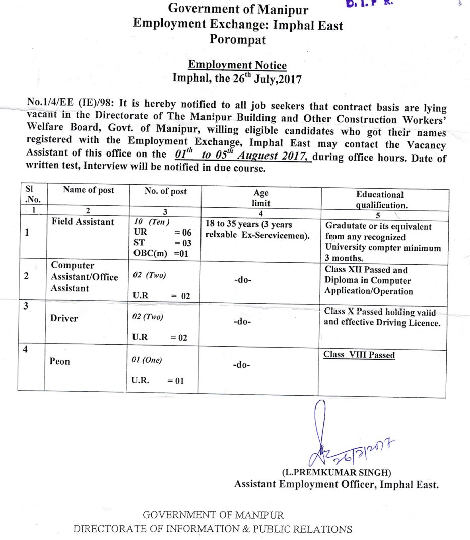 Employment Notice from Employment Exchange Imphal East