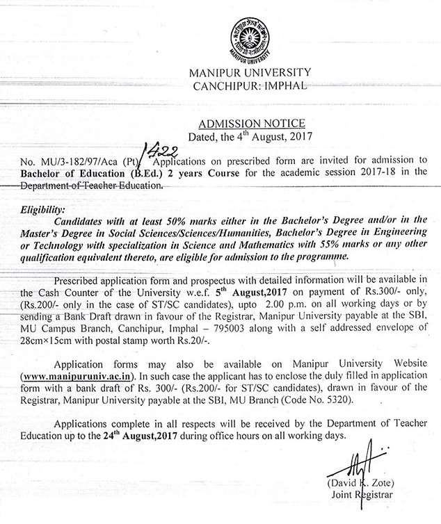 Admission Notice for B.Ed at Manipur University