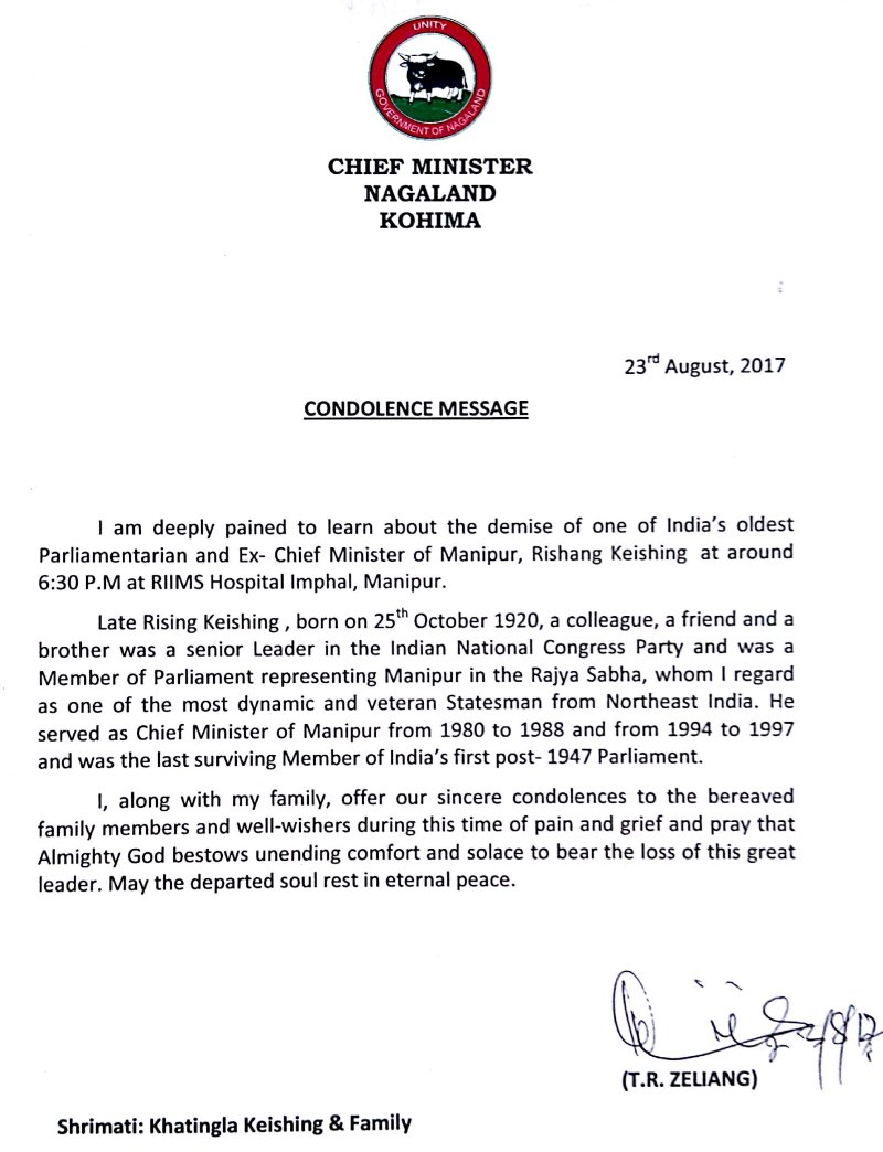  Condolence Message of Nagaland Chief Minister, TR Zeliang on the demise of Rishang Keishing