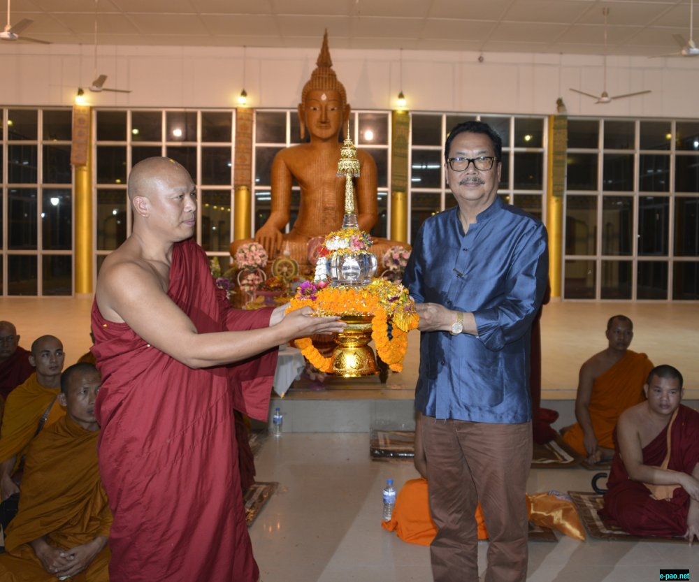 Arunachal Pradesh deputy chief minister Chowna Mein receiving the Buddha relic that was gifted by the Sangharaja of Thailand to Kongmu Kham in Namsai, Arunachal Pradesh 