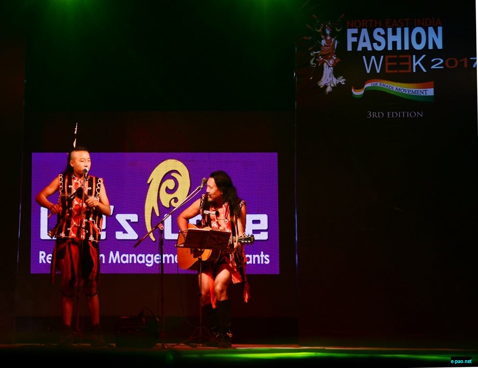  Guru Rewben Mashangva and Saka Mashangva performing during  3rd edition of North East India Fashion Week,  Itanagar on November 11, 2017 
