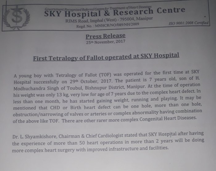First Tetralogy of Fallot operated at SKY Hospital