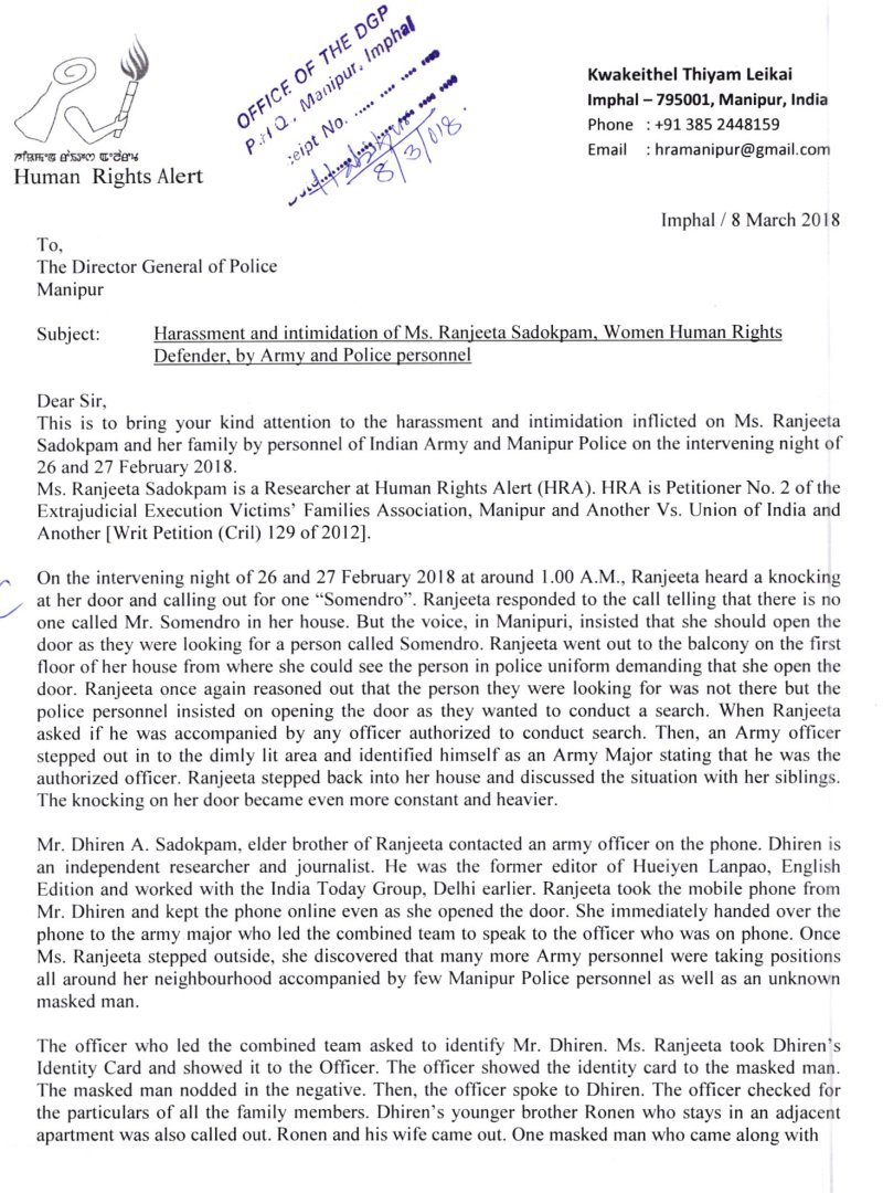 Harassment of Ms. Ranjeeta Sadokpam, HRA Researcher by Army  