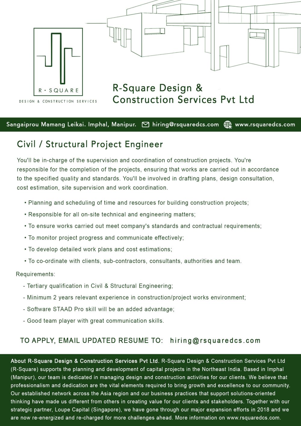 Civil/Structural Project Engineer required at R-Square Design, Canchipur 