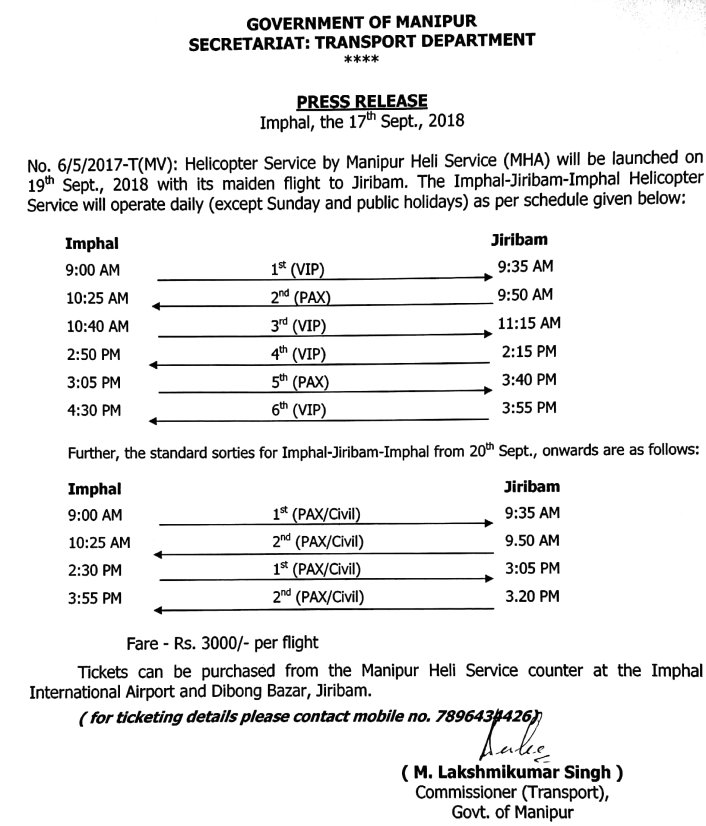 Helicopter Service Schedule for Imphal-Jiribam-Imphal