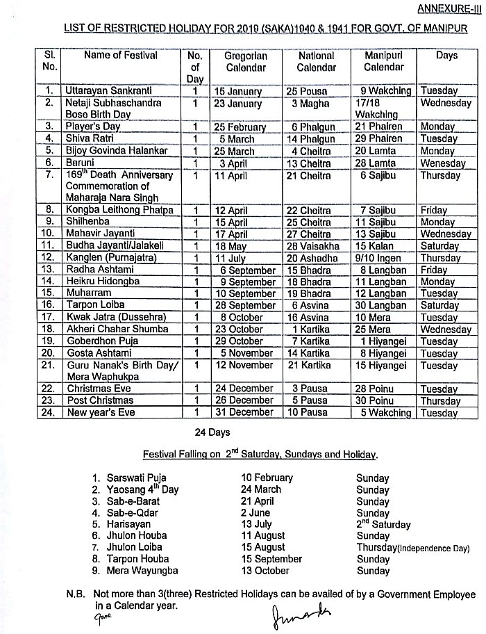  List of General Holidays for 2019 : Govt of Manipur 