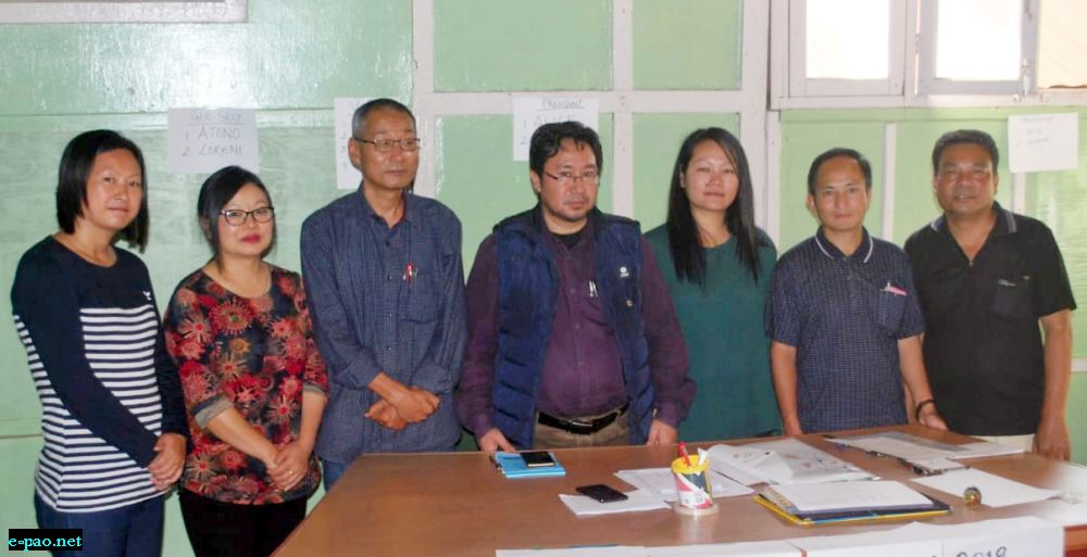   Newly elected Kohima Press Club (KPC) Executive Council Team for the year 2019-22 - Alice Yhosh (3rd right),  President; Ng. Solomon Sha (2nd right), Vice President; Ozunglemba Jamir (right), Joint Secretary; Atono Tskr (left), General Secretary and Rlhoutuonuo Thenuo (2nd left), Treasurer with Oken Jeet Sandham (center), Chief Election Commissioner and HK Chishi (3rd left), Election Commissioner of KPC Election 2019 after the their Elections on May 17, 2019 at the NSF Conference Hall. 