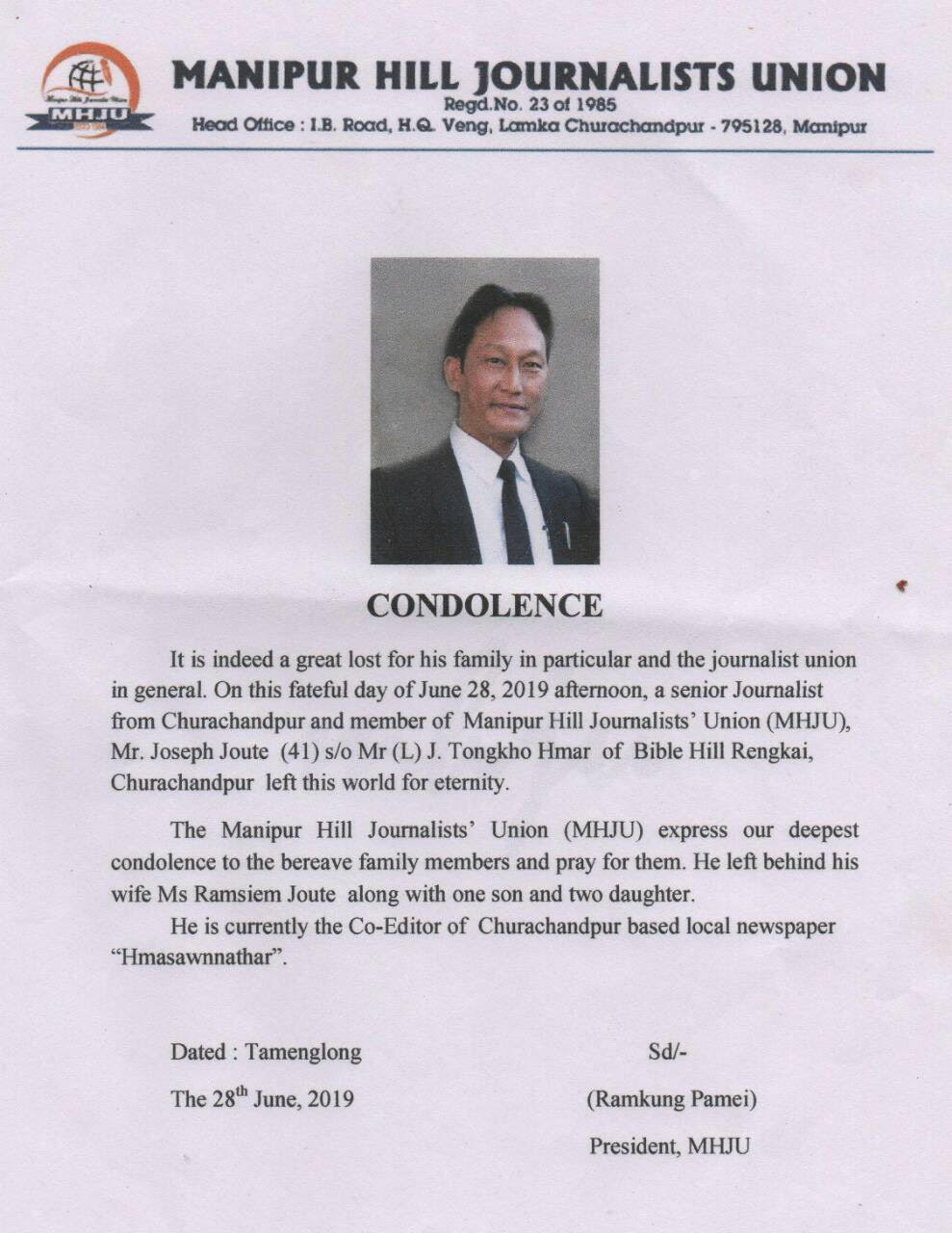  Condolence Message from Manipur Hill Journalists Union 