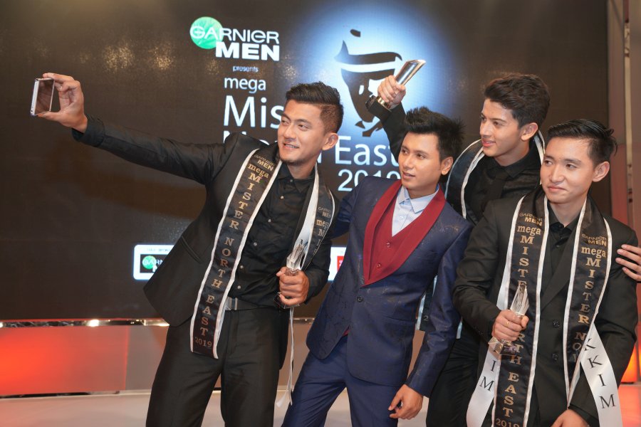  (L-R) Jonathan Thangeo, Abhijit Singha, Lukanand Kshetrimayum and Sonam Paul Tenzing click a selfie after winning the titles of Garnier Men Mega Mister North East 2019
