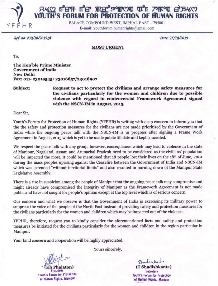  Letter of concern to Prime Minister and Governor of Nagaland with regard to Framework Agreement  