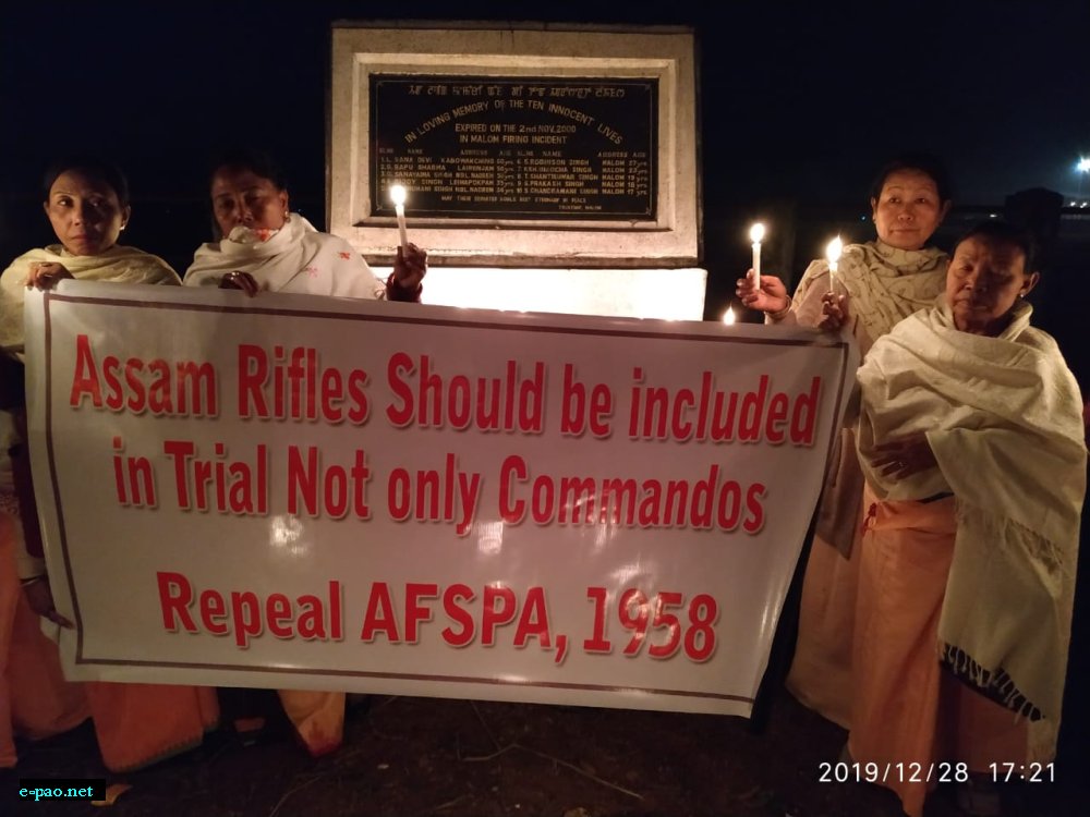  A candle light vigil organised at the Malom Massacre Memorial Complex demanding State to include Assam Rifles who are involved in Extra Judicial in the Trial process not only the State Commandos on December 28 2019 