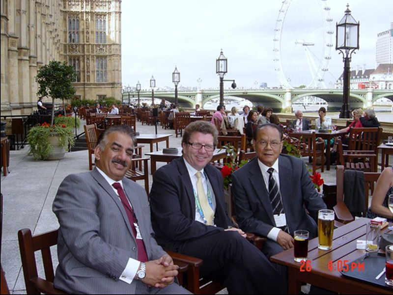 At the Parliament Terrace Bar for MPs, author with Bradford MP Jerry Sutcliffe & friend Omar Khan.  