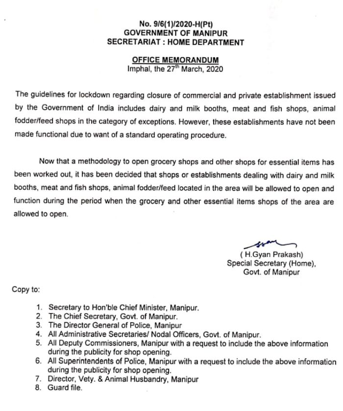 COVID 19 Manipur Government Orders Directives 27 March 2020