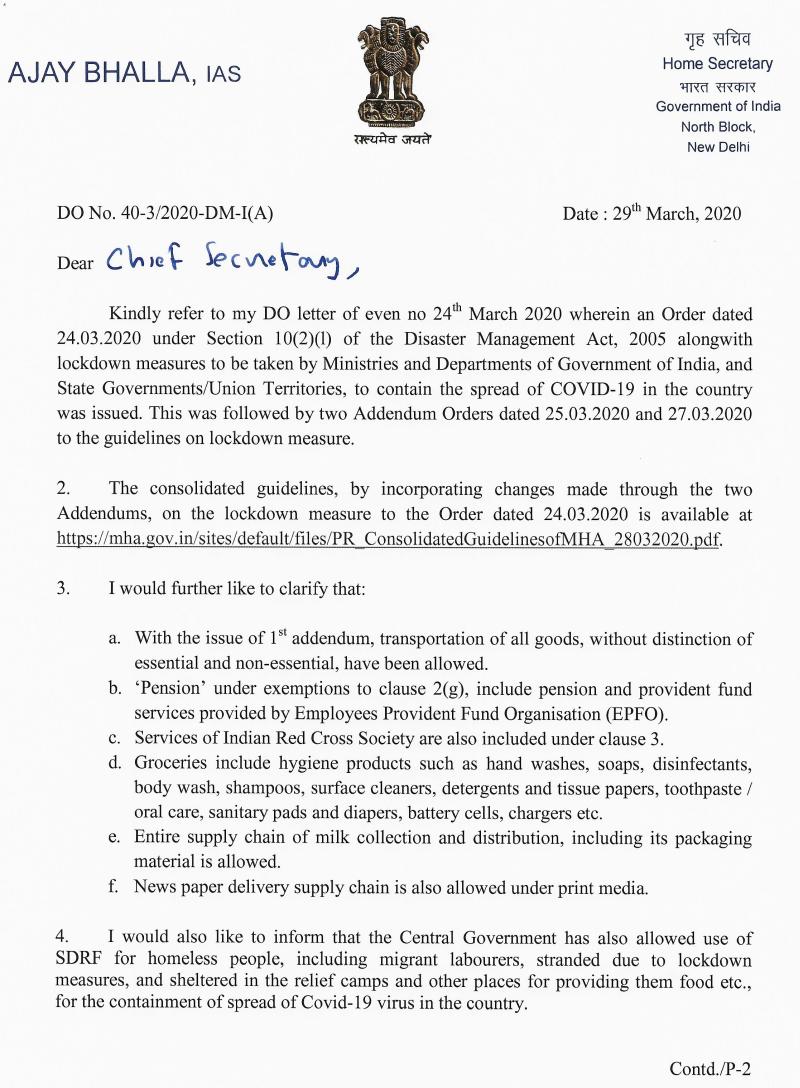 MHA Letter to Chief Secys of States - 29 March 2020  