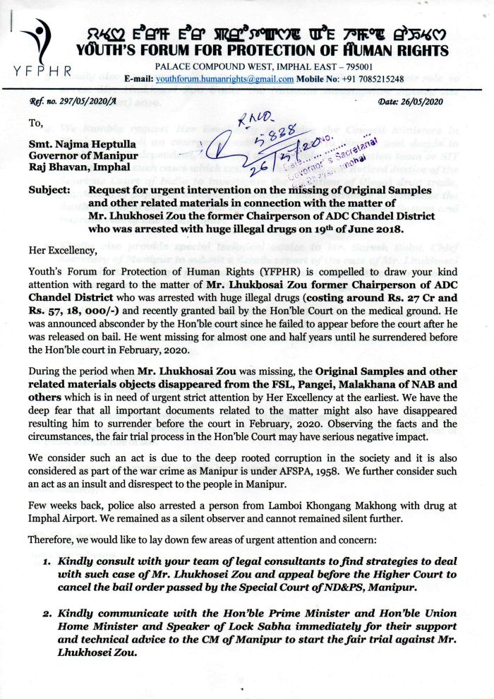   Letter to Governor of Manipur in connection with Mr. Lhukgosei Zou's Drug related case 