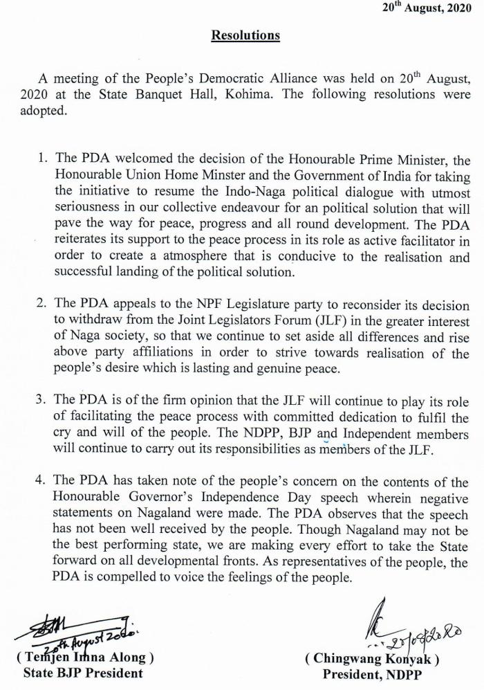   PDA Nagaland Resolutions :: 20th August 2020 