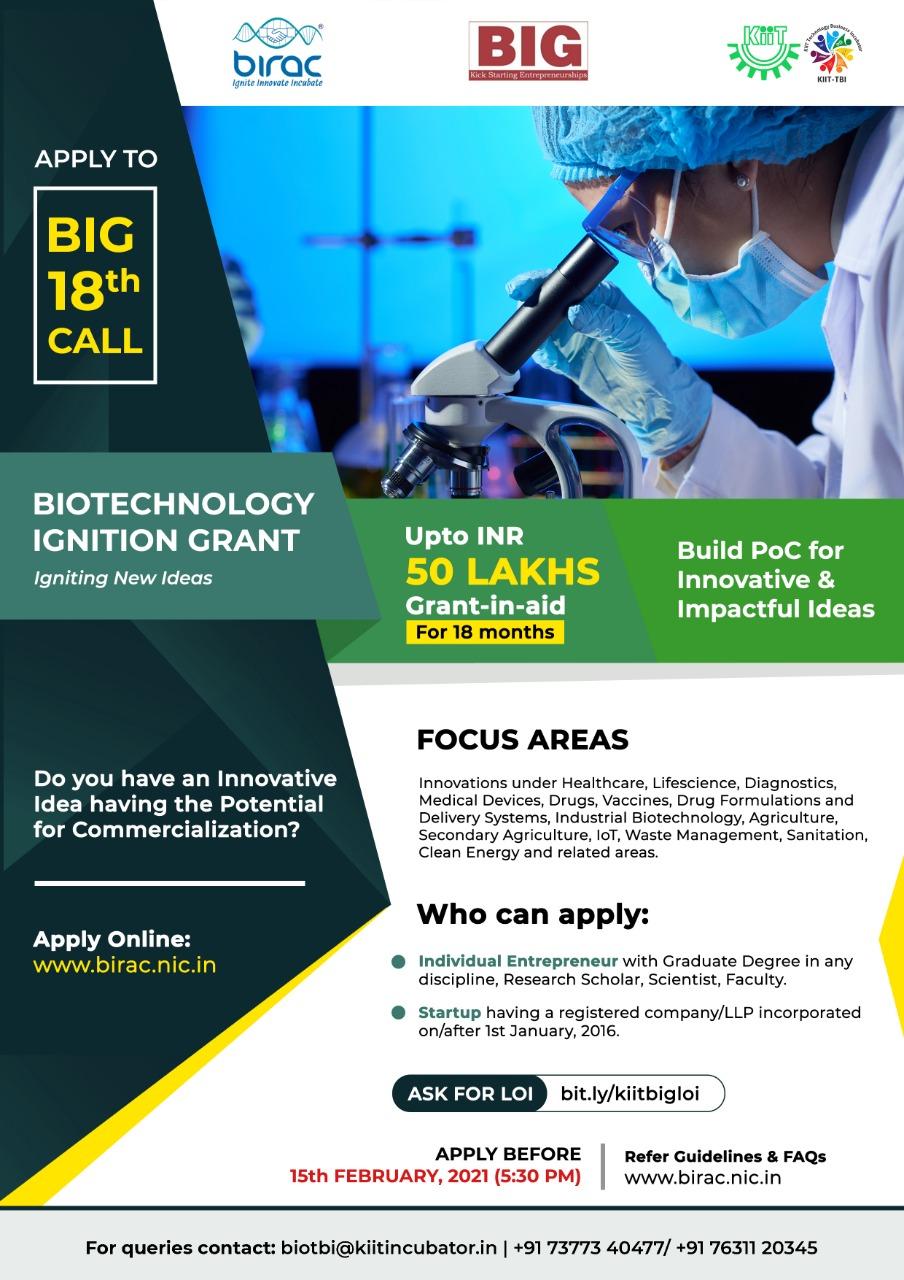 18th BIG Call : Biotechnology Ignition Grant 